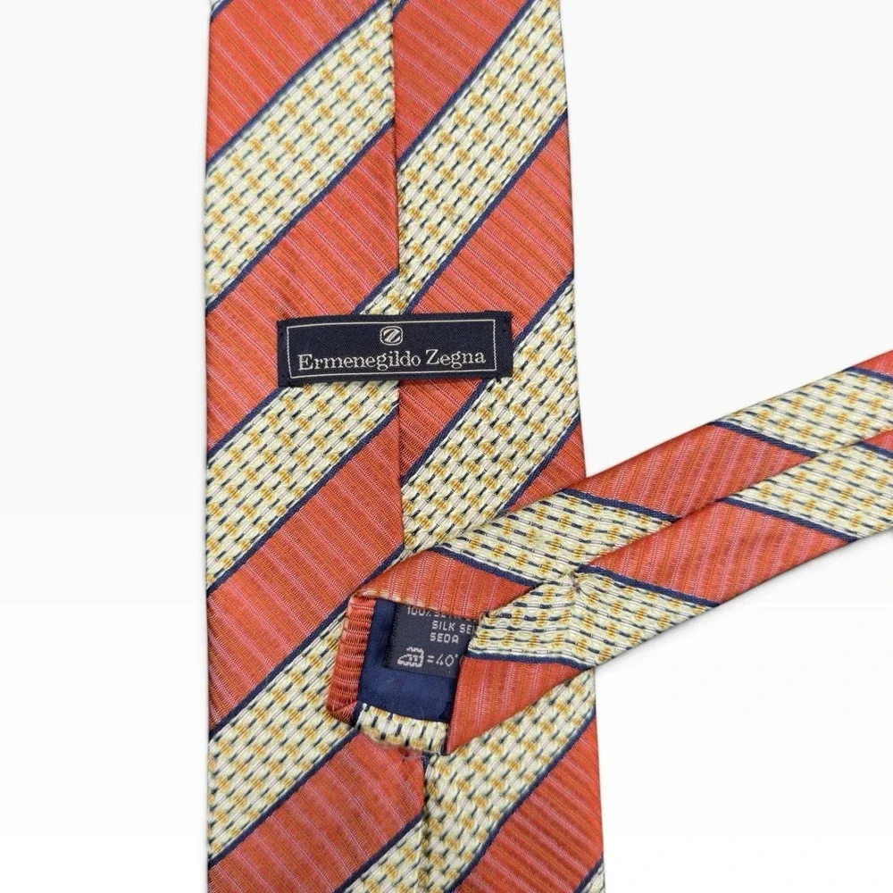 Ermenegildo Zegna Silk Necktie Striped Orange Yellow Blue Italy 3.75x59.5